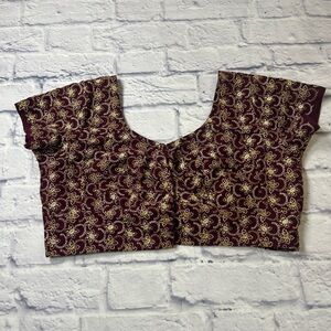 Readymade Saree Blouse. Maroon with Golden Flower Embroidery.